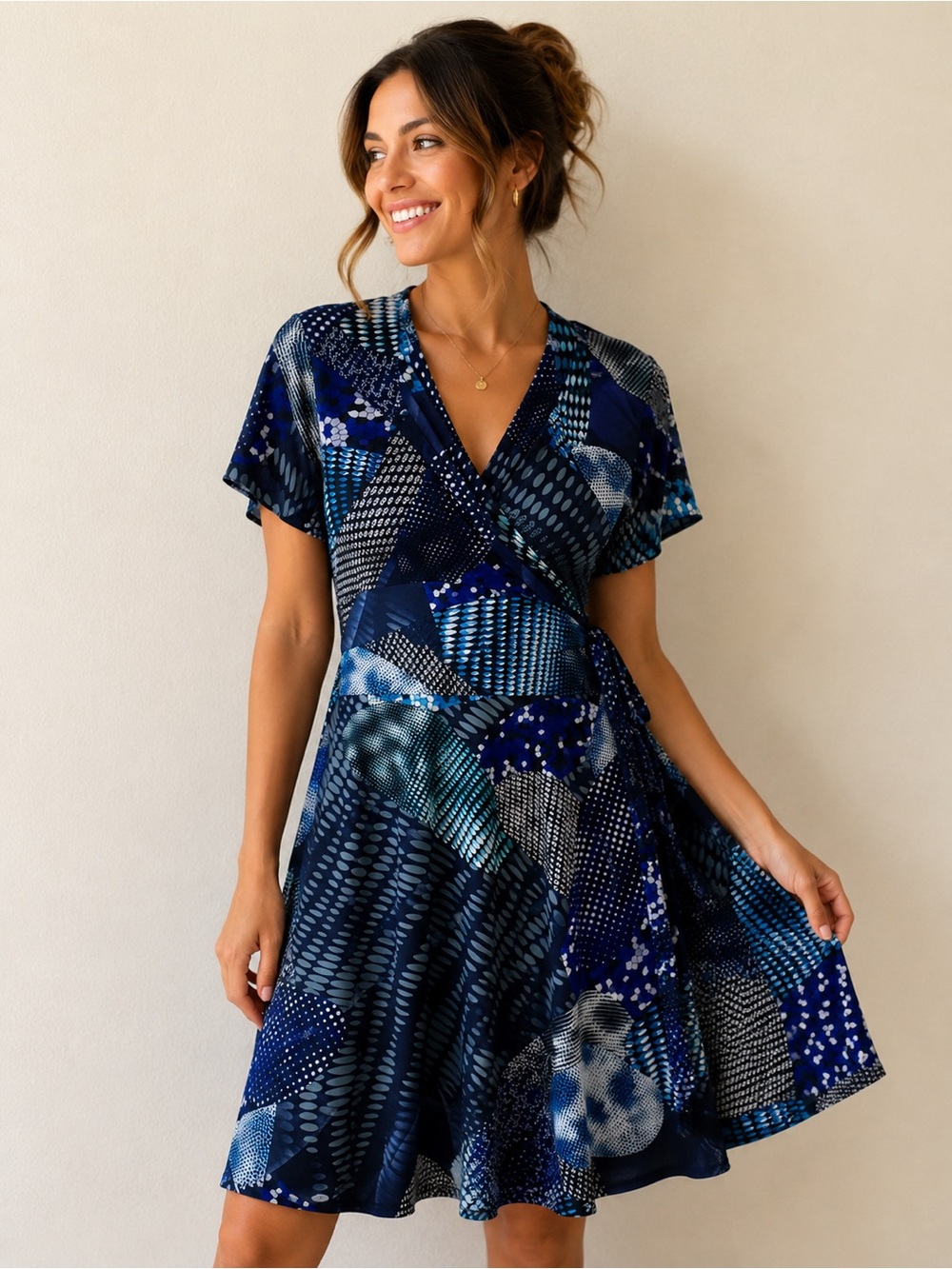 Blue Abstract y2k Wrap Dress Geometric Print Faux Wrap Stretch Midi xl